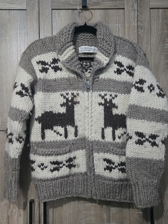 Jackets & Blazers - Women's Tan & Cream Zip-Up Reindeer 100% Wool Sweater Size XS